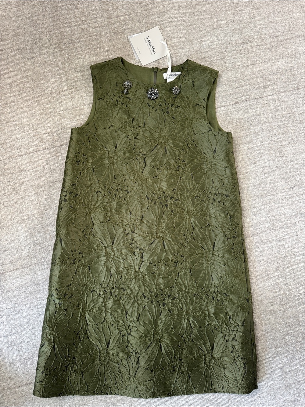 MaxMara Olive Green Floral Lace Jewel-Neck Mini Dress